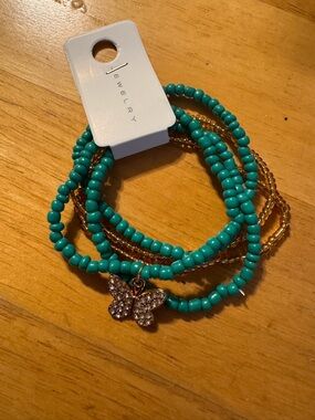 5 Beaded Gold Tone Butterfly Rhinestone Stretch Bracelet
